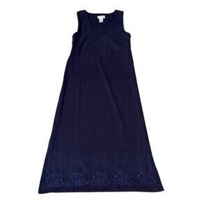 Vintage Mary McFadden navy blue faux suede midi embroidered detail dress